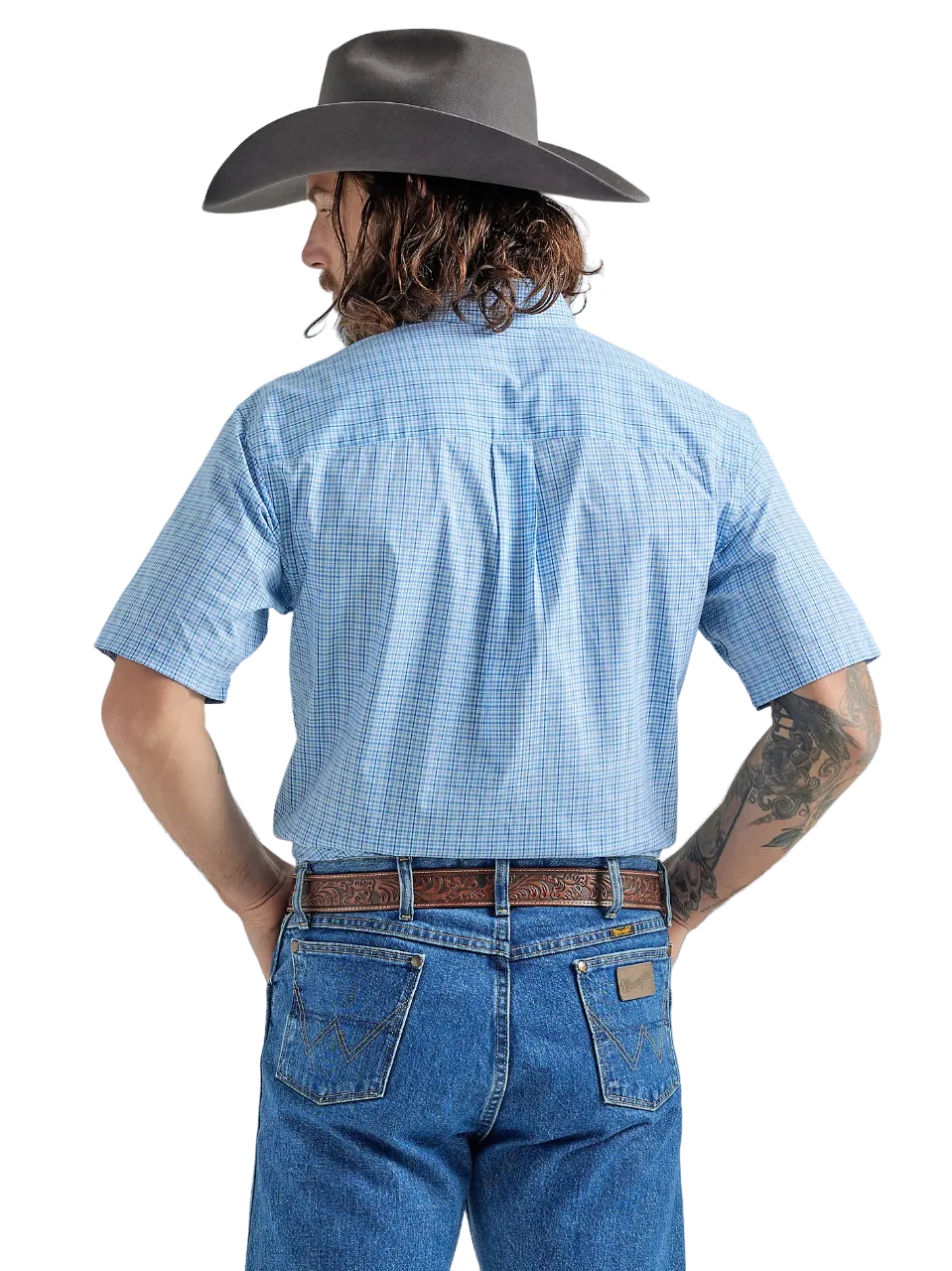 Wrangler Men's George Strait Short Sleeve Plaid Baby Blue Shirt - Big