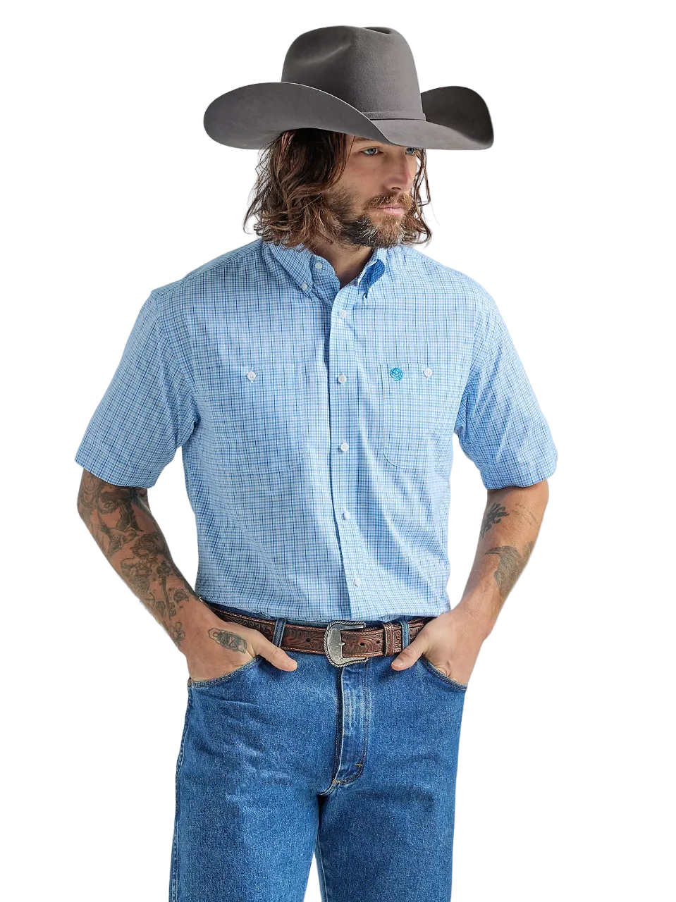 Wrangler Men's George Strait Short Sleeve Plaid Baby Blue Shirt - Big