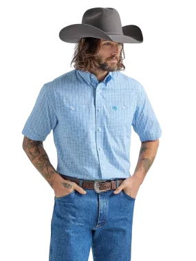 Wrangler Men's George Strait Short Sleeve Plaid Baby Blue Shirt - Big