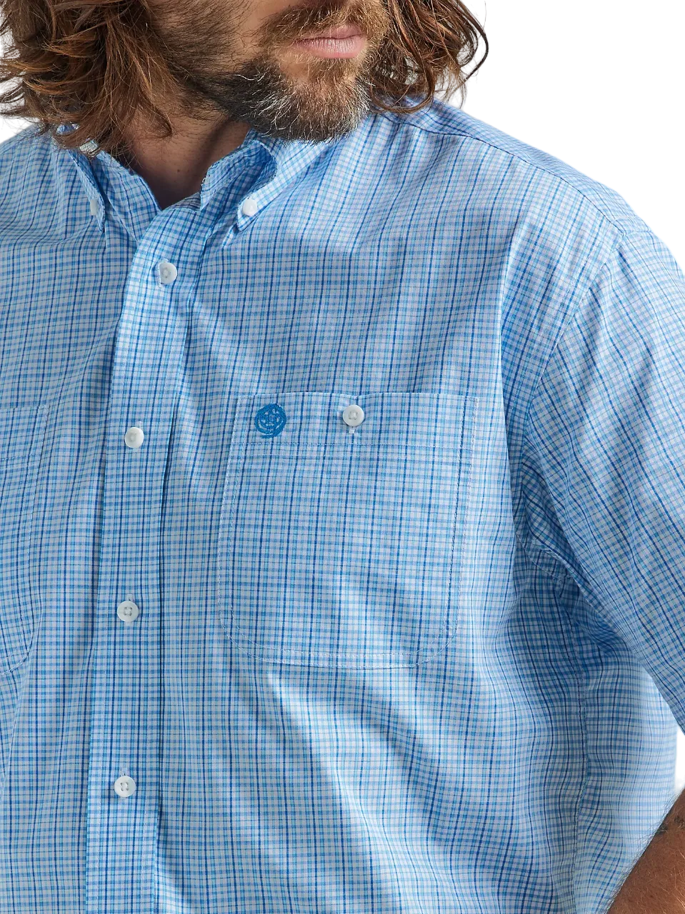 Wrangler Men's George Strait Short Sleeve Plaid Baby Blue Shirt - Big