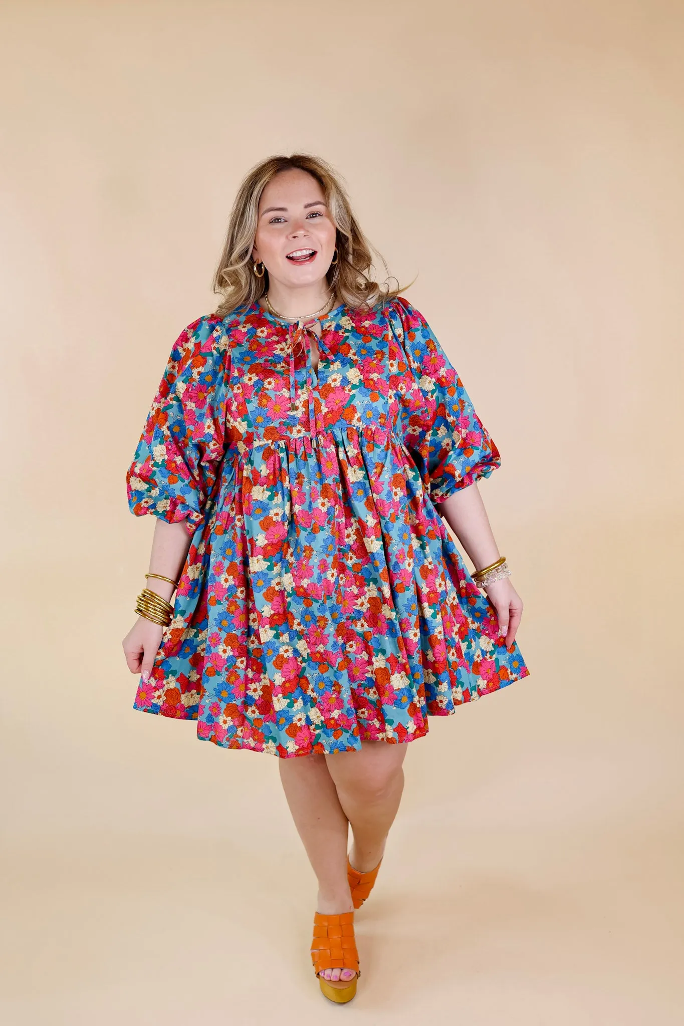 Wrapped In Love Floral Half Sleeve Dress with Keyhole Front in Turquoise