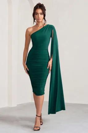 Yara | Bottle Green One Shoulder Cape Ruched Midi Dress