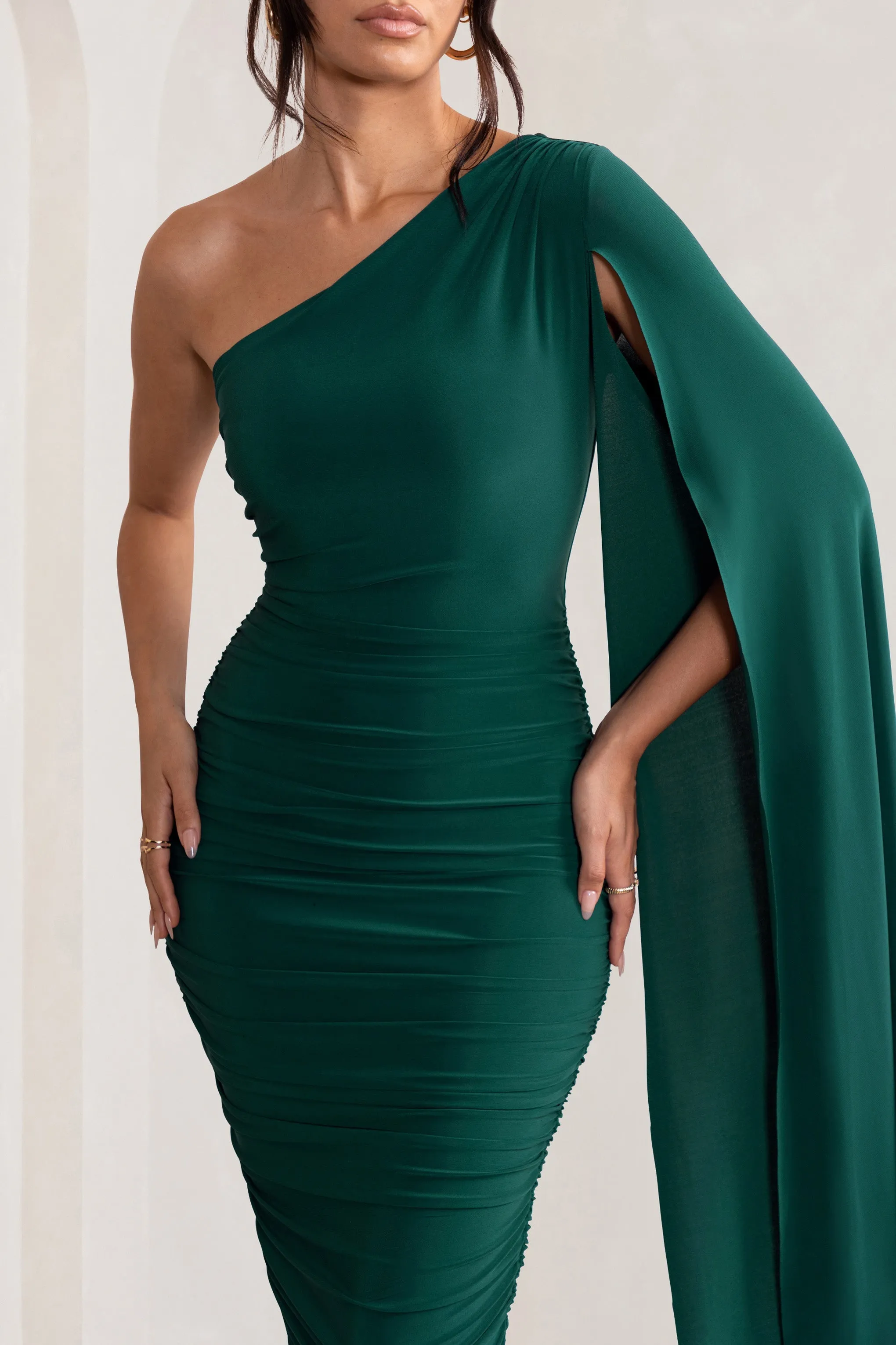 Yara | Bottle Green One Shoulder Cape Ruched Midi Dress