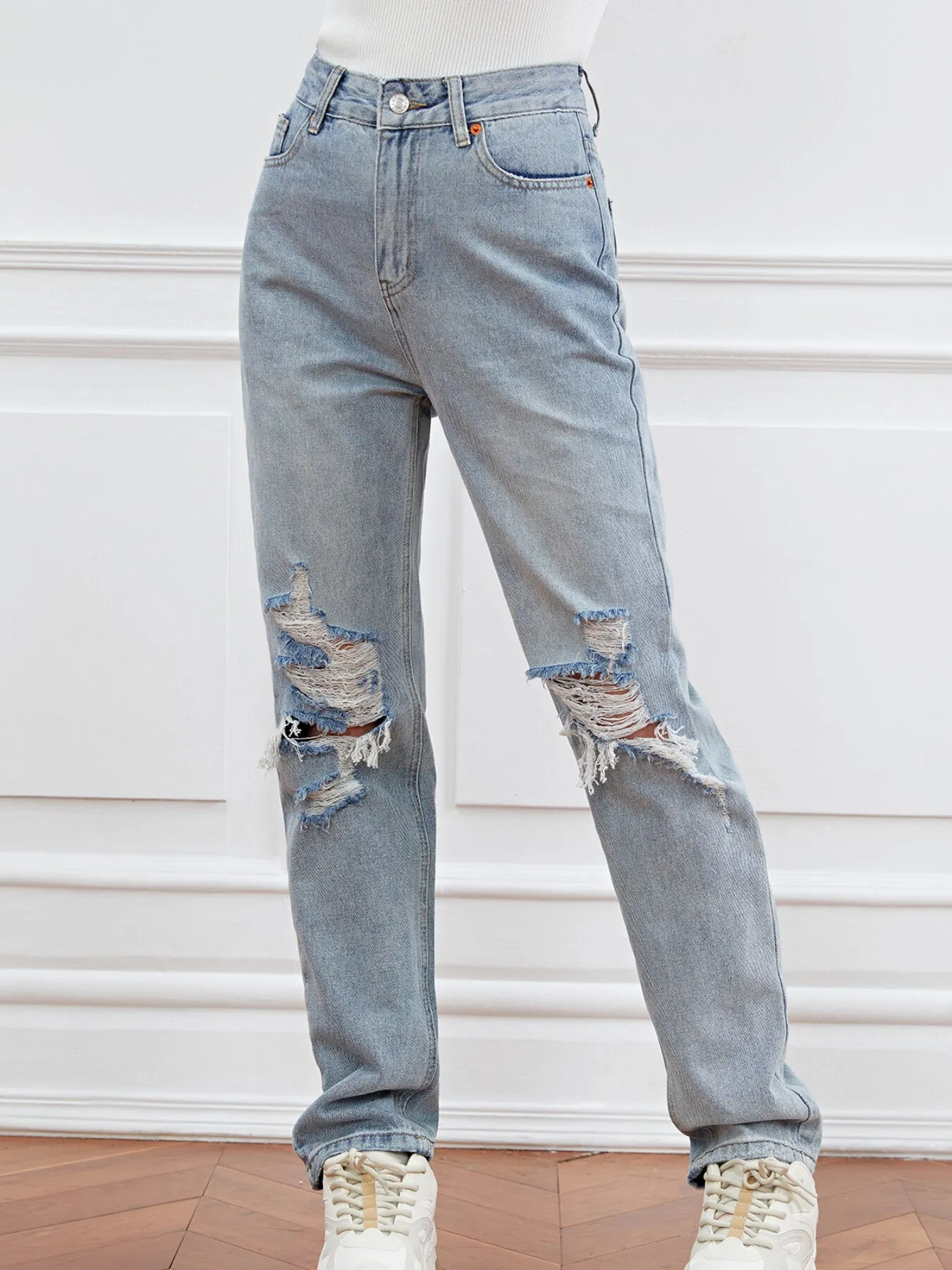 Zipper Button Front Ripped Jeans