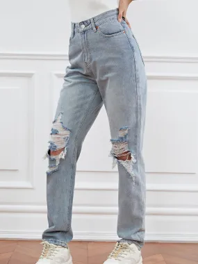 Zipper Button Front Ripped Jeans