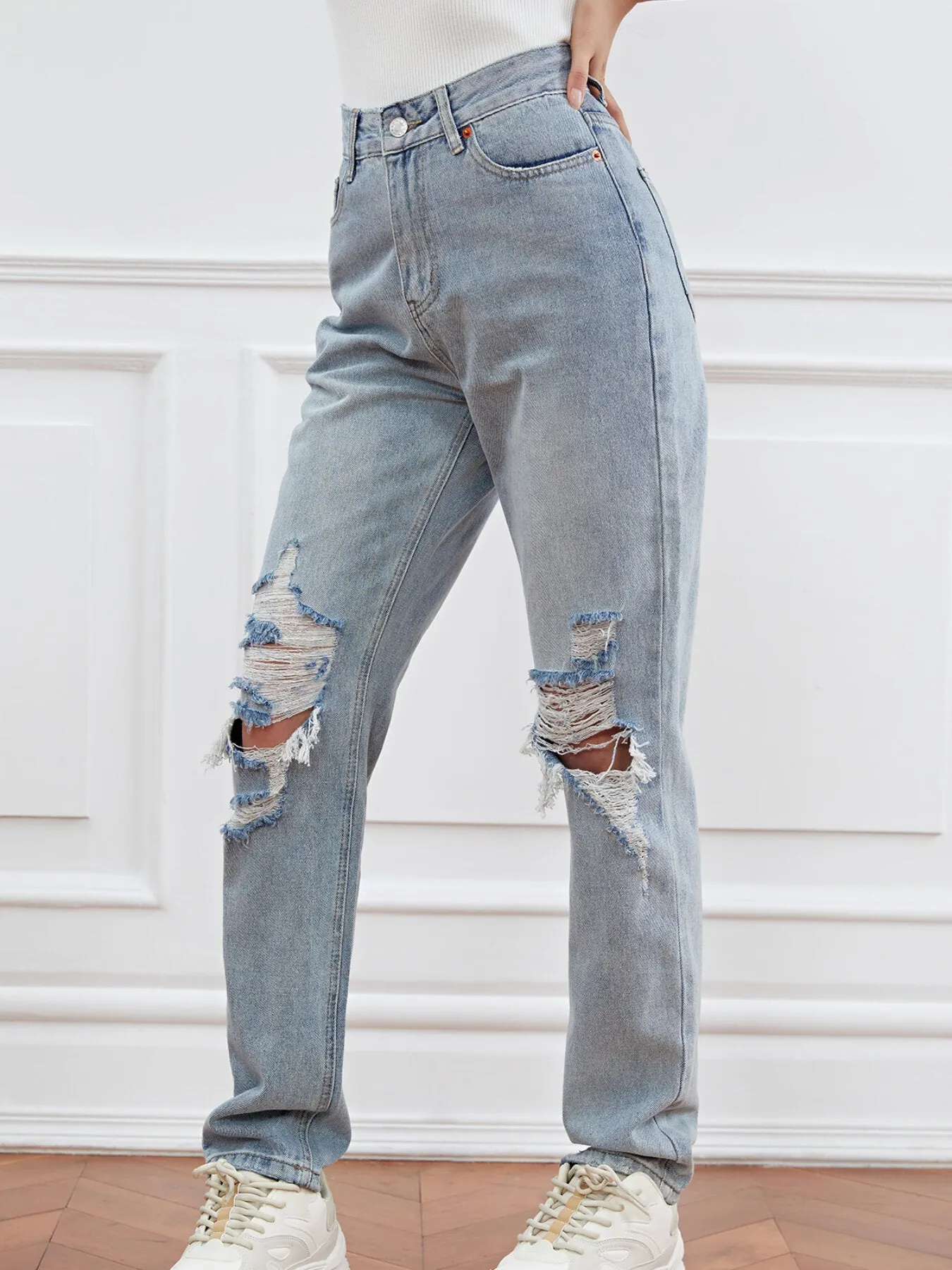 Zipper Button Front Ripped Jeans