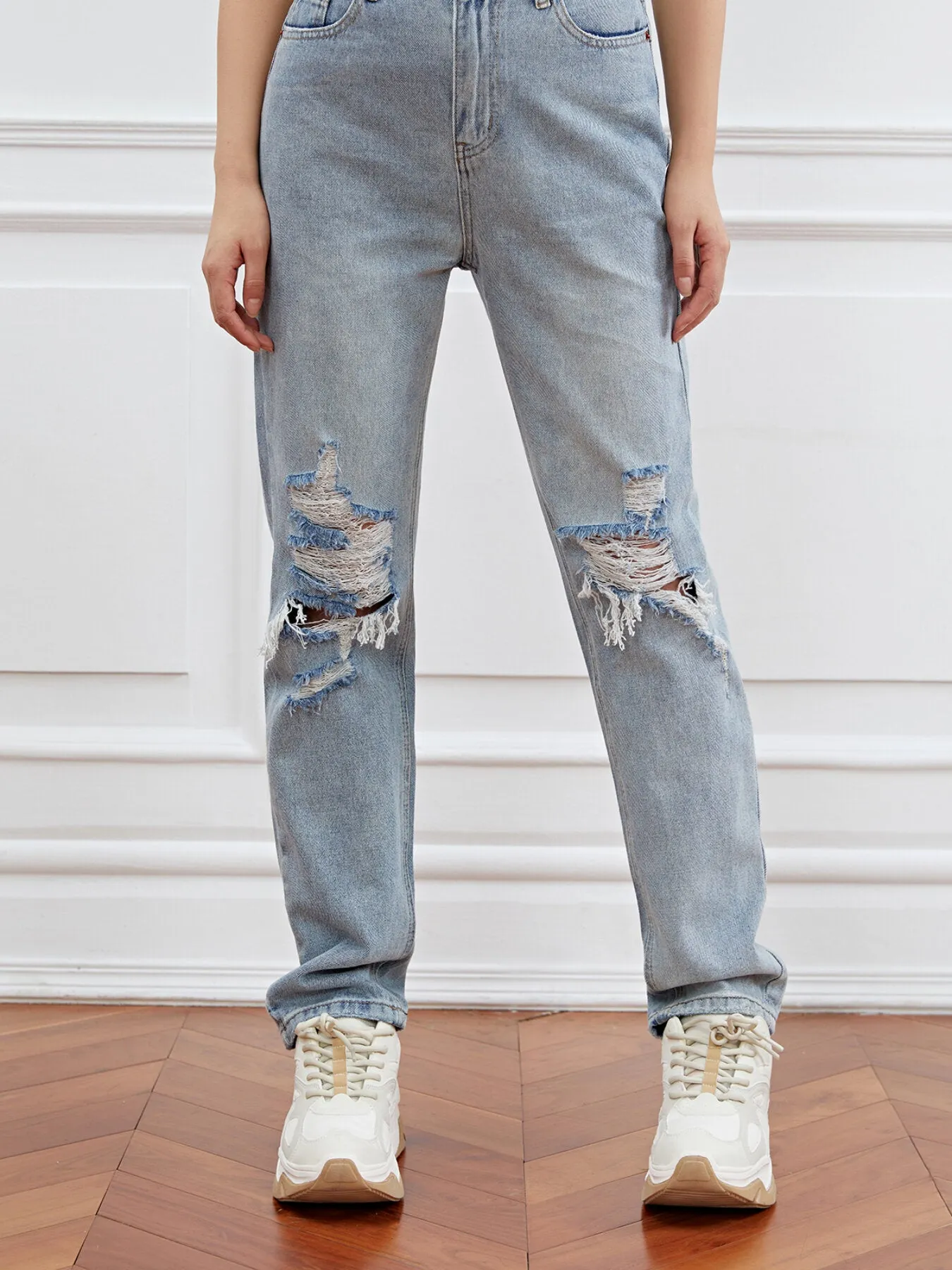 Zipper Button Front Ripped Jeans